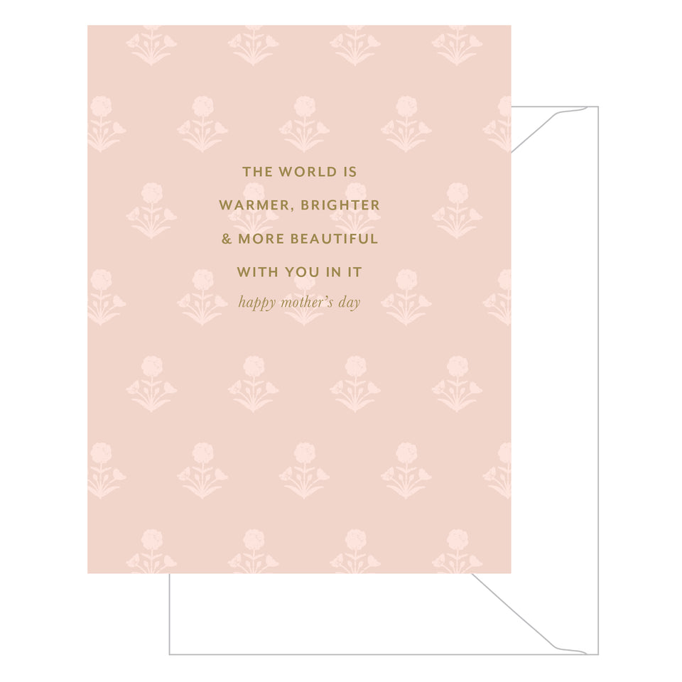 Greeting card with floral pattern and Mother's Day message on a light pink background