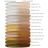CLE Cosmetics CCC Cream SPF 50 shade swatches showing 16 foundation shades before and after blending