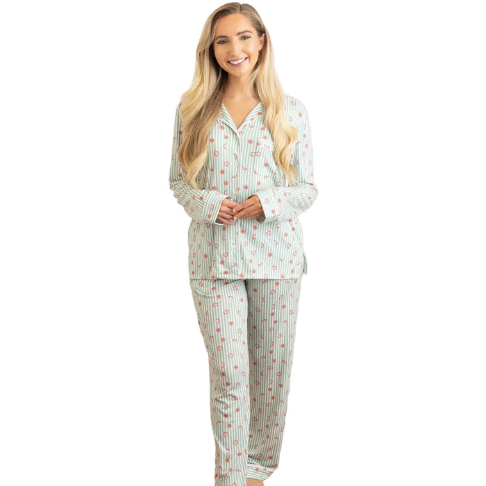 Woman wearing Candy Cane Cottage Luxe Long PJ Set with green striped and red floral pattern