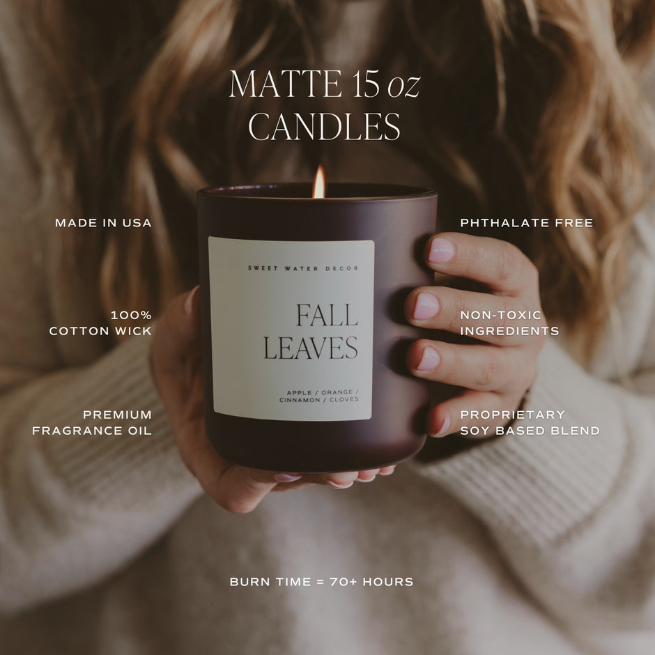 Fall Leaves 15oz soy candle with product features: matte jar, 100% cotton wick, phthalate-free, 70+ hour burn time