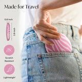 Pink zebra compact mirror shown with dimensions and features: scratch resistant, lightweight, travel-sized