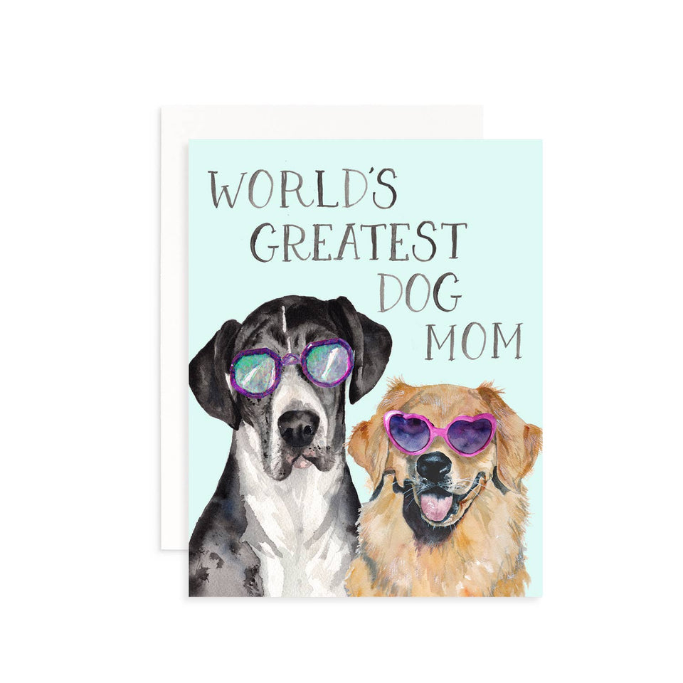 Card with two dogs wearing sunglasses and 'World's Greatest Dog Mom' text on a light blue background