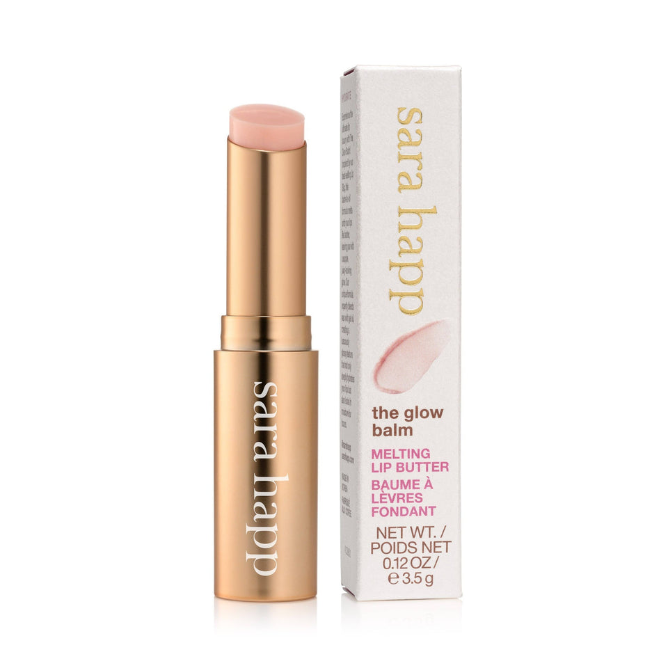 Sara Happ The Glow Balm melting lip butter in gold tube with white packaging box