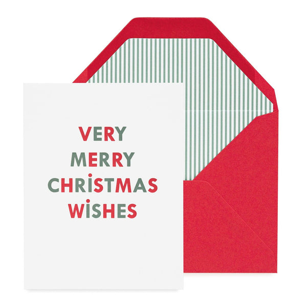 Single Card, white card with red and green text reading 'Very Merry Christmas Wishes' inside red envelope
