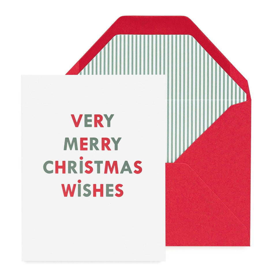 Single Card, white card with red and green text reading 'Very Merry Christmas Wishes' inside red envelope
