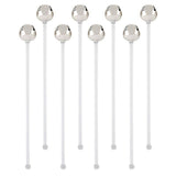 Set of 8 silver jingle bell stir sticks with white stems for holiday cocktails and beverages