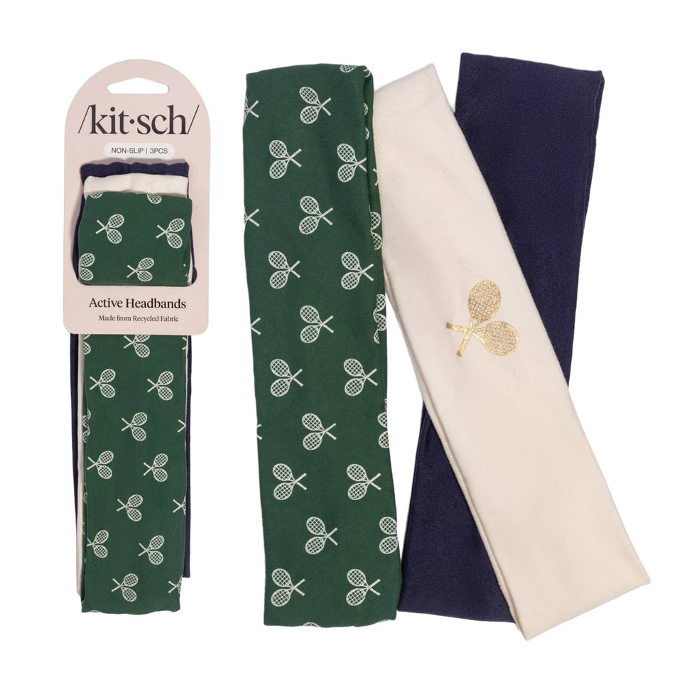 Kitsch Active Headbands 3-piece set in cream, court green, and navy blue with tennis racket pattern