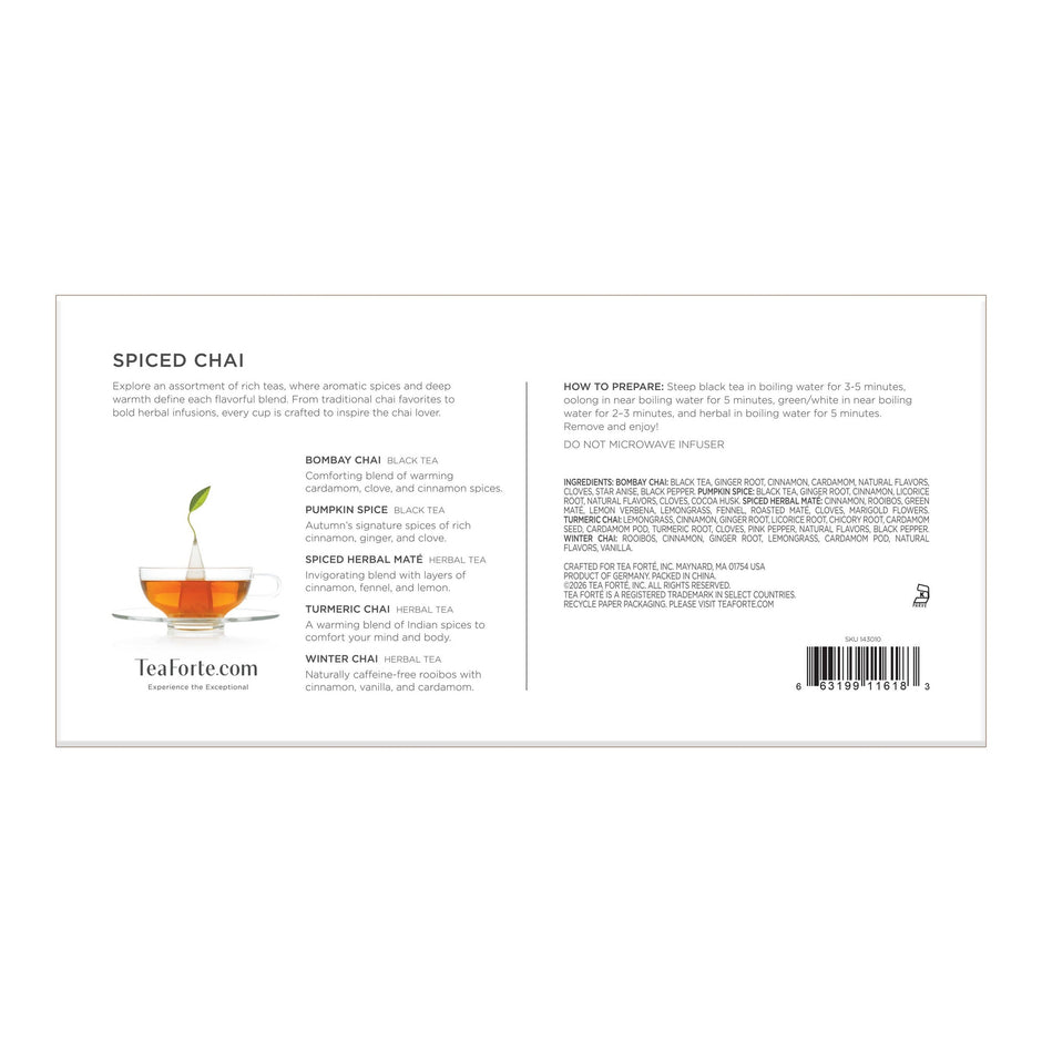 Tea Forte Spiced Chai collection with brewing instructions and ingredient details on packaging