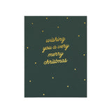 Green Christmas card with gold cursive text reading 'wishing you a very merry christmas' and gold dot accents