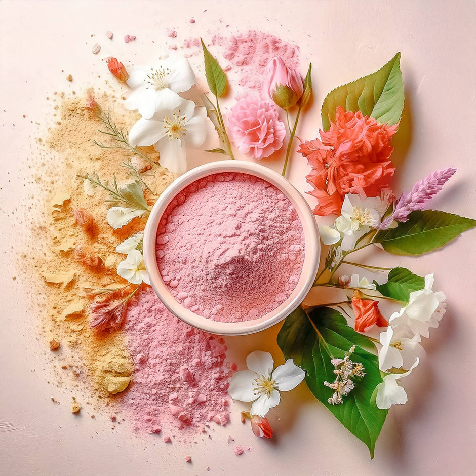 MUSEE Wildflowers Bath Soak pink powder in white bowl surrounded by fresh flowers