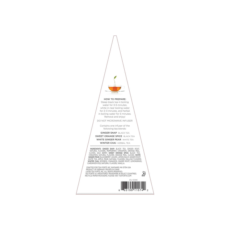 Tea Forte Warming Joy tea infuser package showing preparation instructions and tea blend ingredients