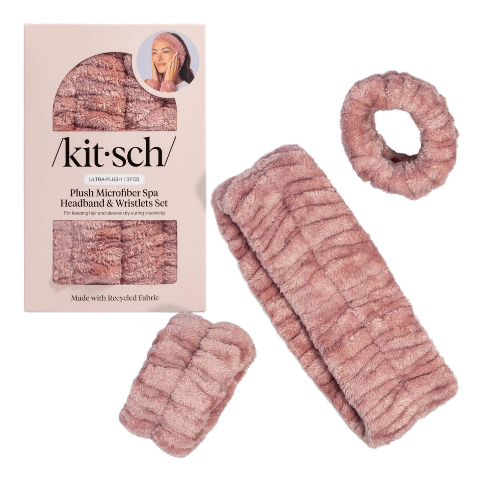 Kitsch plush microfiber spa headband and wristlets set in terracotta with product packaging and details