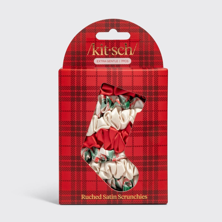 Kitsch Holiday Ruched Satin Scrunchies 7pc set in red plaid packaging with festive designs