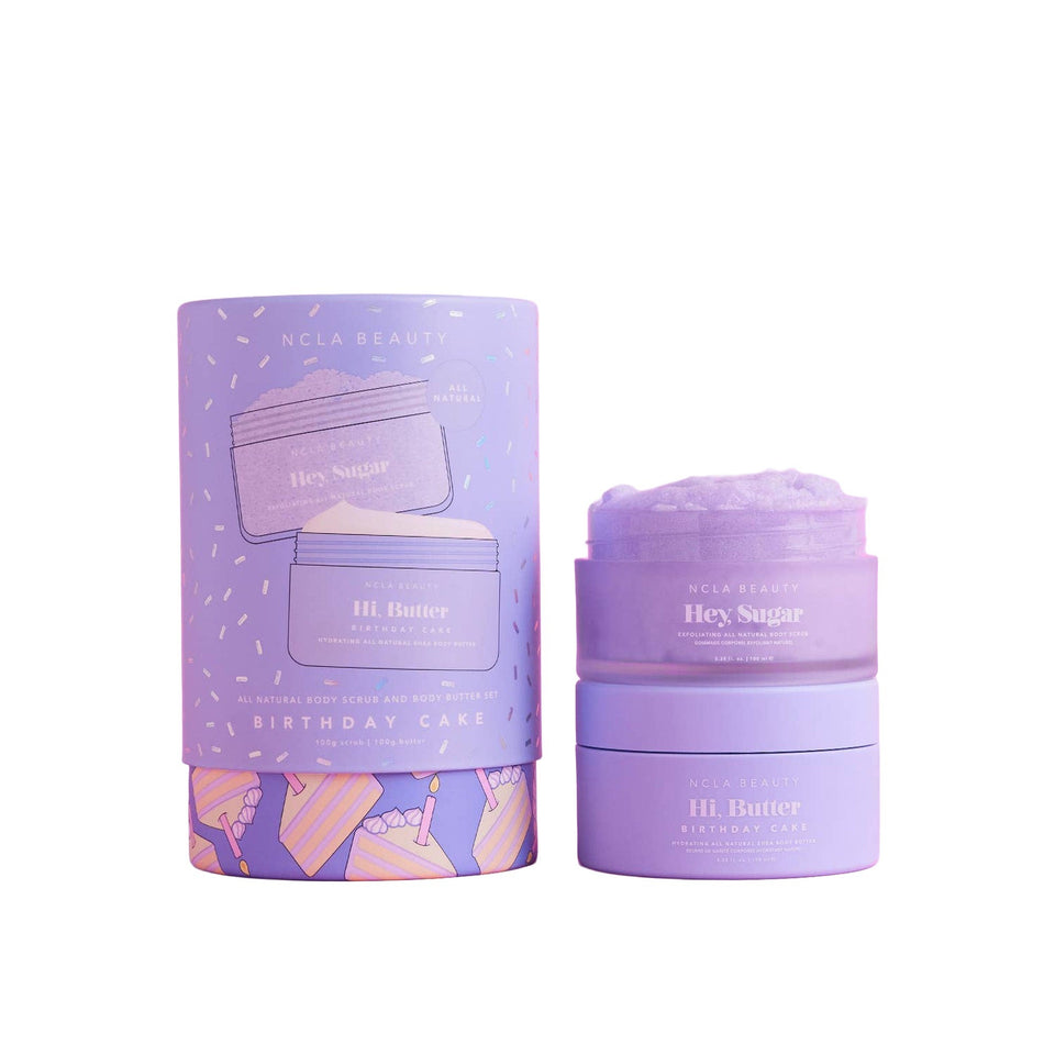 NCLA Beauty Birthday Cake body scrub and butter set in purple packaging with decorative cake design