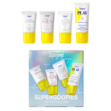 Supergoop! sunscreen products with packaging on a white background