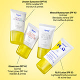 Supergoop! sunscreen products on a yellow background