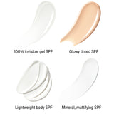 Four different SPF products with swatches on a white background