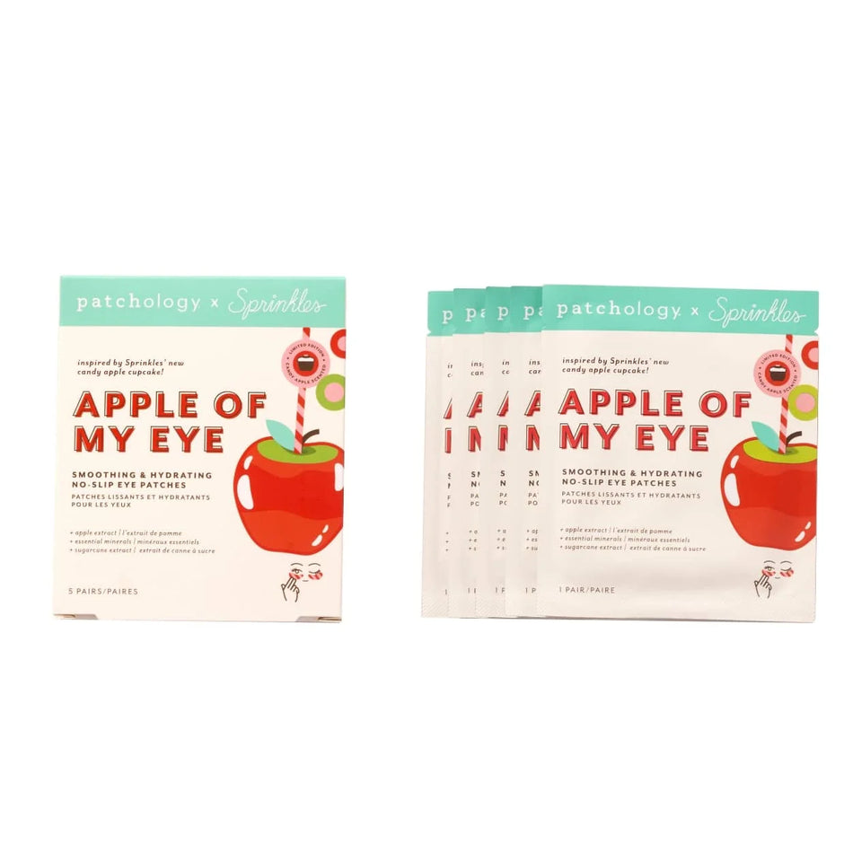 Patchology x Sprinkles Apple of My Eye smoothing and hydrating no-look eye patches shown as a single box and a stack of individual packets on a white background.