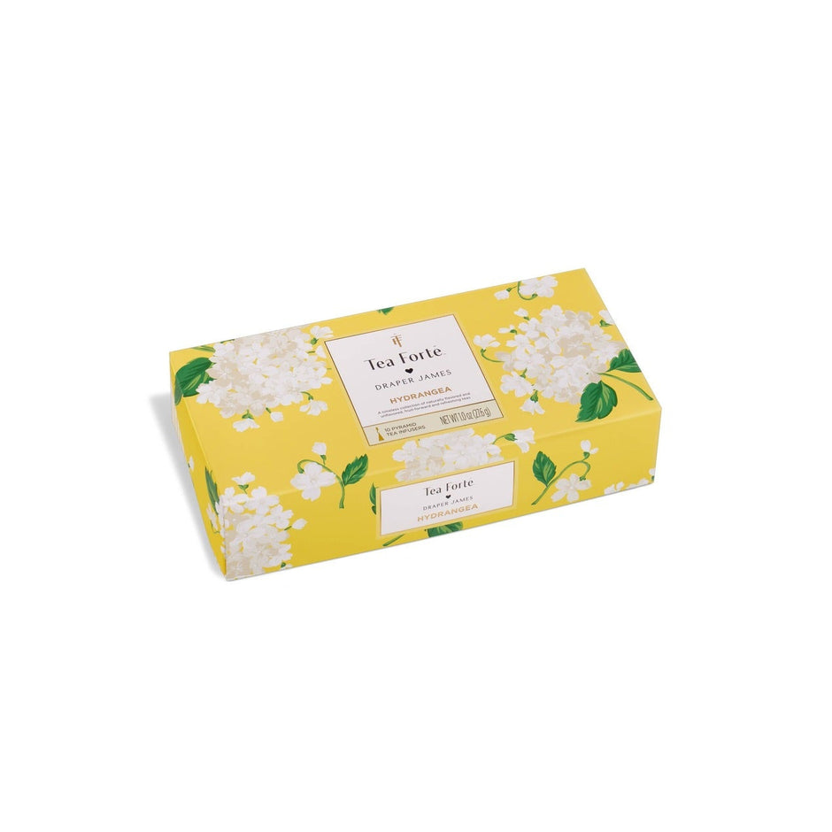 Tea Forte Hydrangea Petite Presentation Box with yellow floral design on white background
