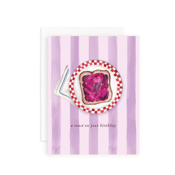 Greeting card with toast illustration and purple striped background