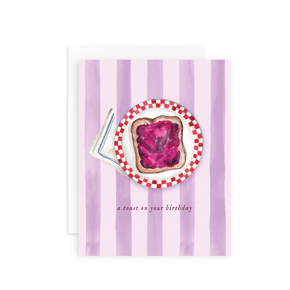 Greeting card with toast illustration and purple striped background