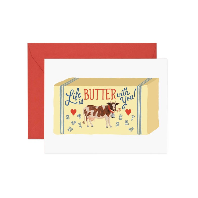 Rifle Paper Co. Life is Butter With You greeting card with cow illustration and red envelope