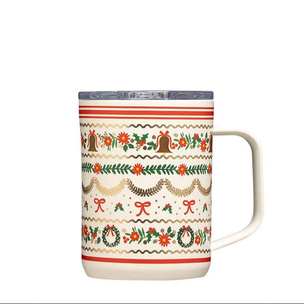Corkcicle 16oz insulated mug with festive Holly Jolly holiday pattern featuring bells, wreaths, and bows