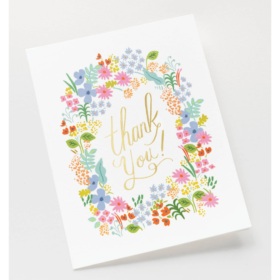 Rifle Paper Co. Prairie Thank You Card with colorful floral wreath design and gold lettering
