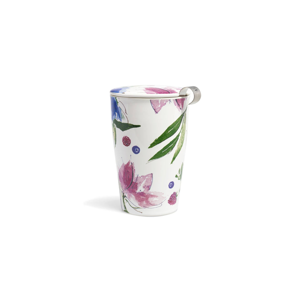 Tea Forte Herbal Retreat Kati Steeping Cup with floral design and metal infuser lid