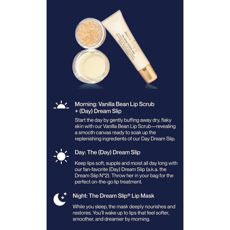 Sara Happ Dreamy Lip Kit with morning, day, and night skincare routine instructions and product benefits