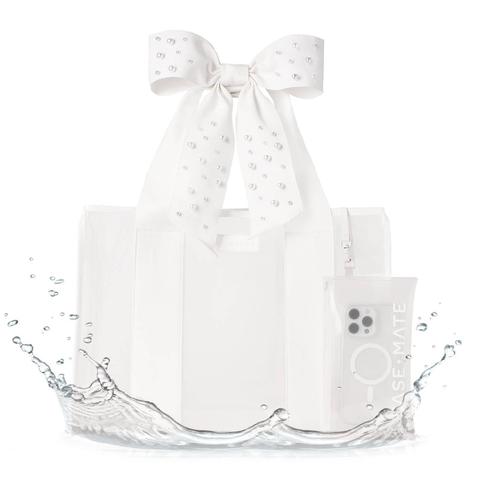 Case-Mate Ivory Pearl Bow Jelly Tote Bag with water splash effect on white background