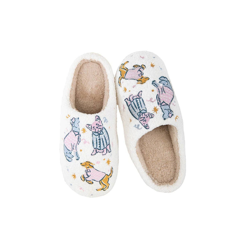Cream wool slippers with colorful embroidered Winnie the Pooh characters and stars design
