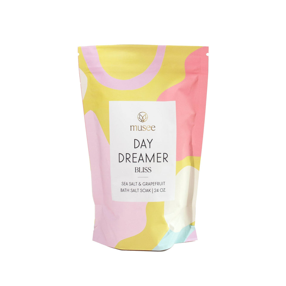 Musee Daydreamer Bliss sea salt and grapefruit bath soak 24 oz pouch with colorful abstract design