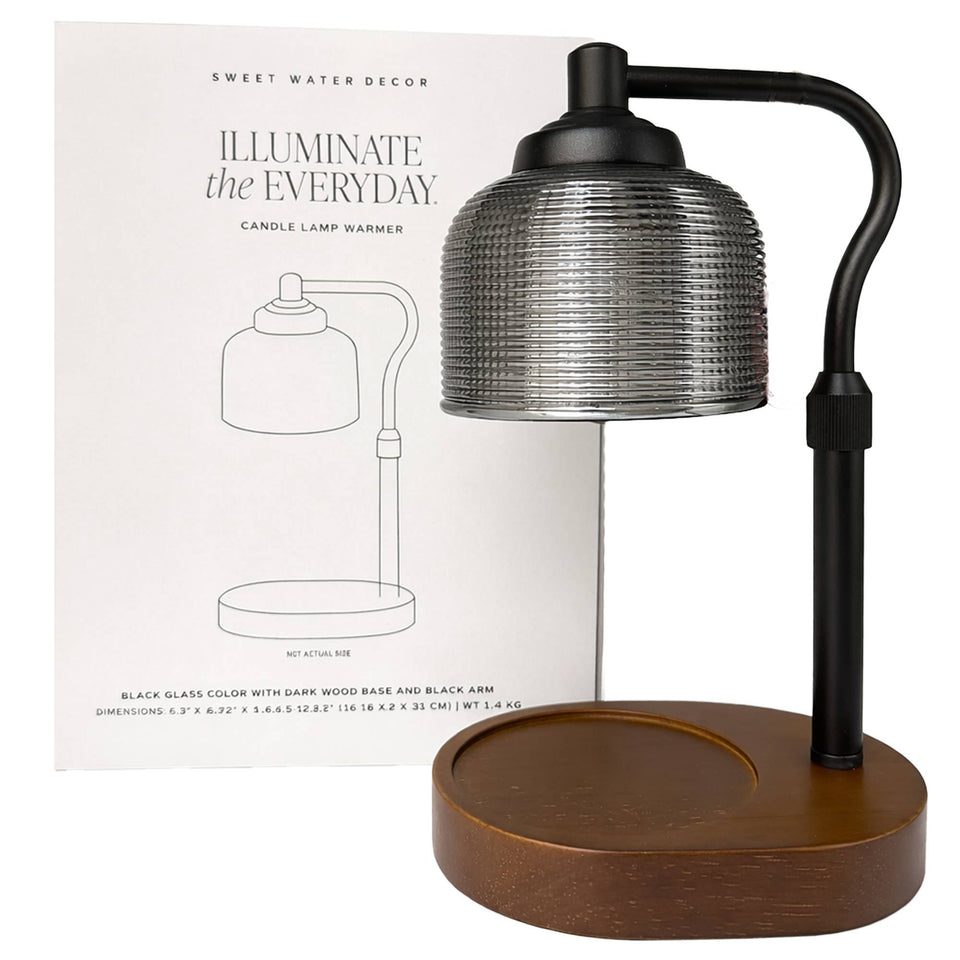 Black candle warmer lamp with wood base packaging