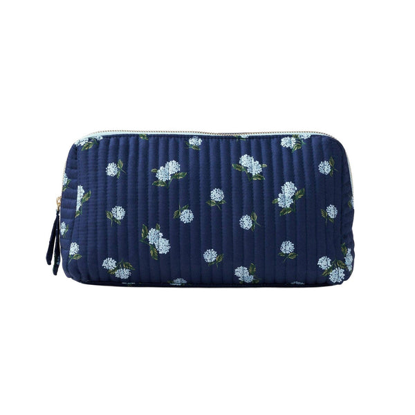Rifle Paper Co. Ditsy Hydrangea quilted large cosmetic pouch with white flowers on navy background