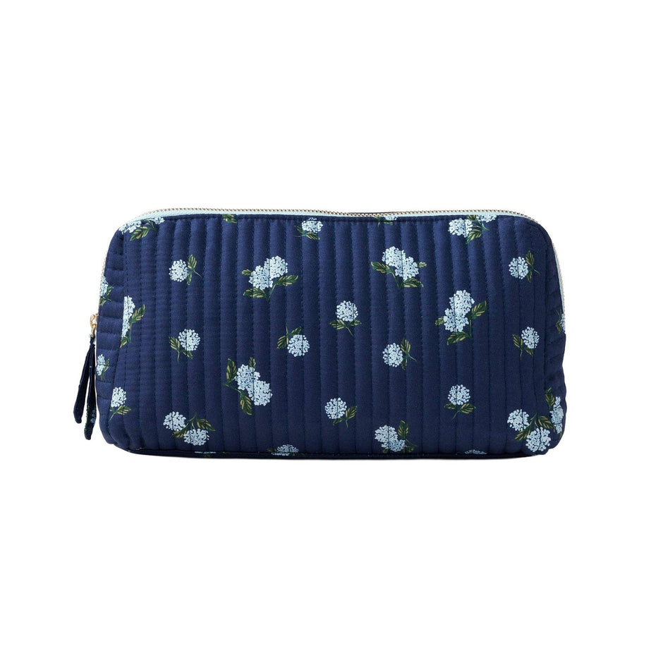 Rifle Paper Co. Ditsy Hydrangea quilted large cosmetic pouch with white flowers on navy background
