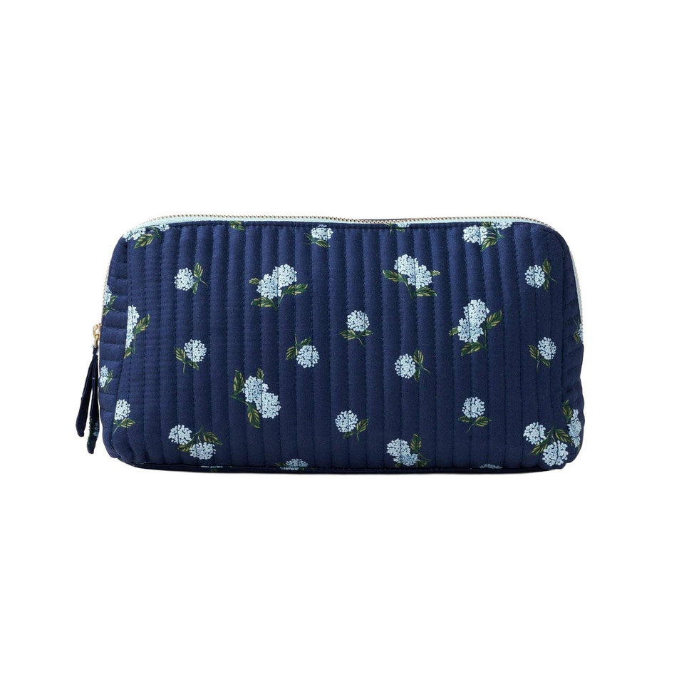 Rifle Paper Co. Ditsy Hydrangea quilted large cosmetic pouch with white flowers on navy background