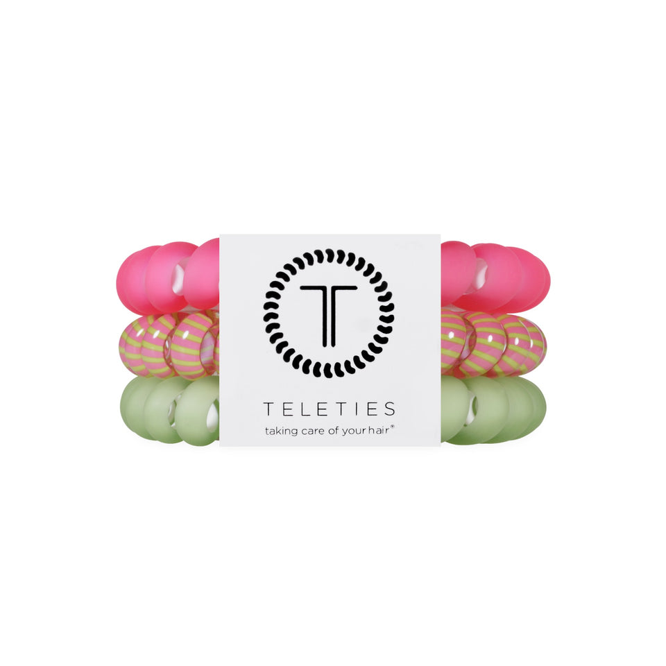 TELETIES Summer Crush Large Hair Ties in pink, striped, and green colors with branded packaging