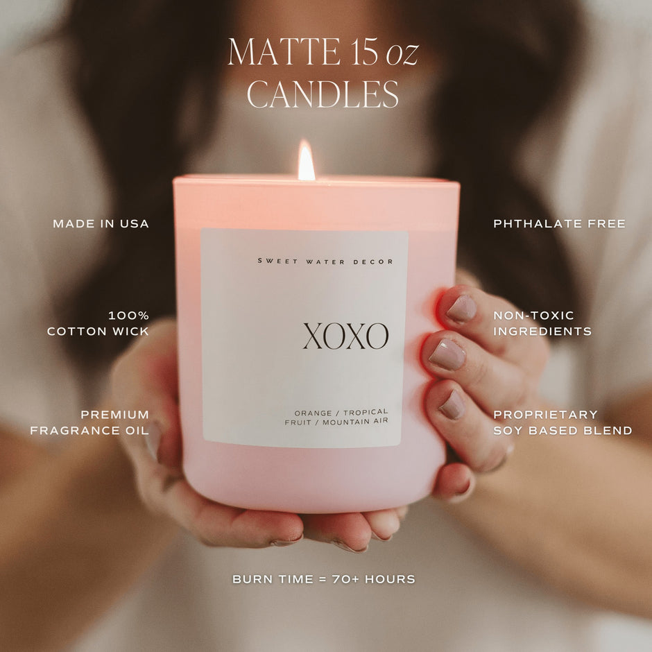 Sweet Water Decor XOXO 15oz matte candle with product features and benefits highlighted