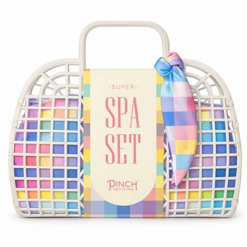 Pinch Provisions Super Spa Set in Multi Check pattern with woven basket and colorful bow