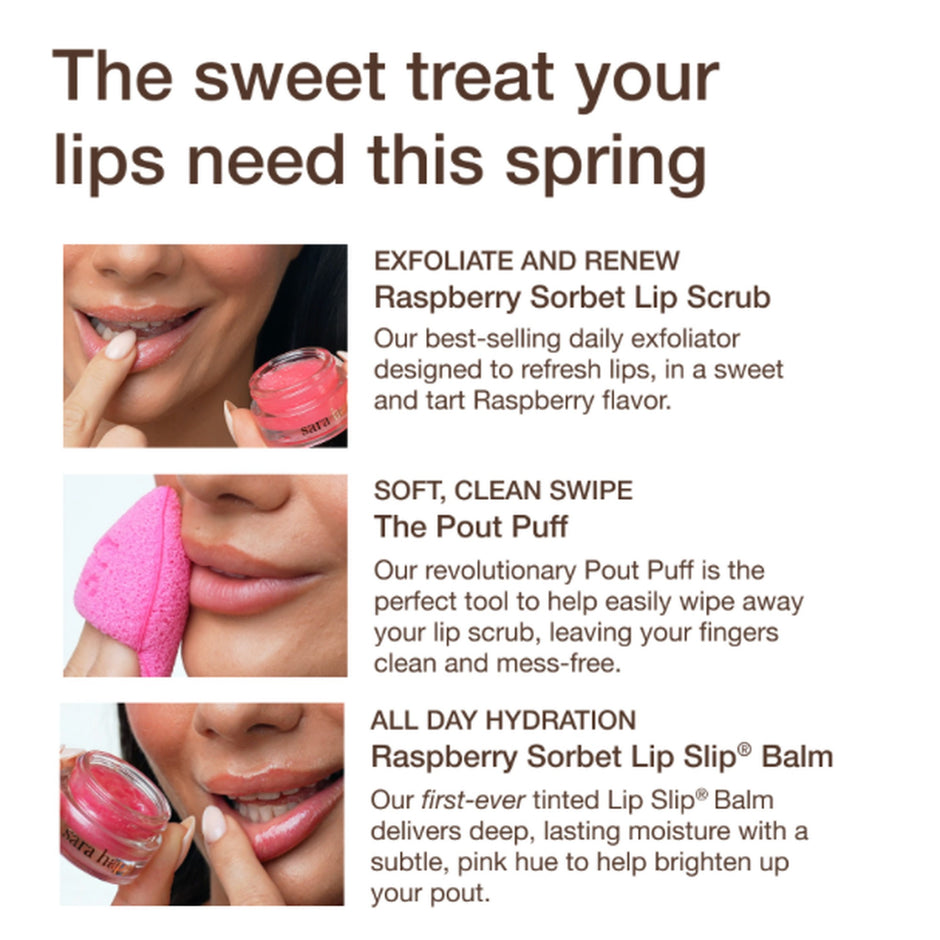 Raspberry Sorbet lip care kit featuring exfoliating scrub, puff applicator, and hydrating lip balm with product benefits