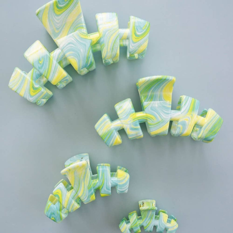 TELETIES Classic By the Sea Shore Large Hair Clip in yellow, blue and green swirl pattern
