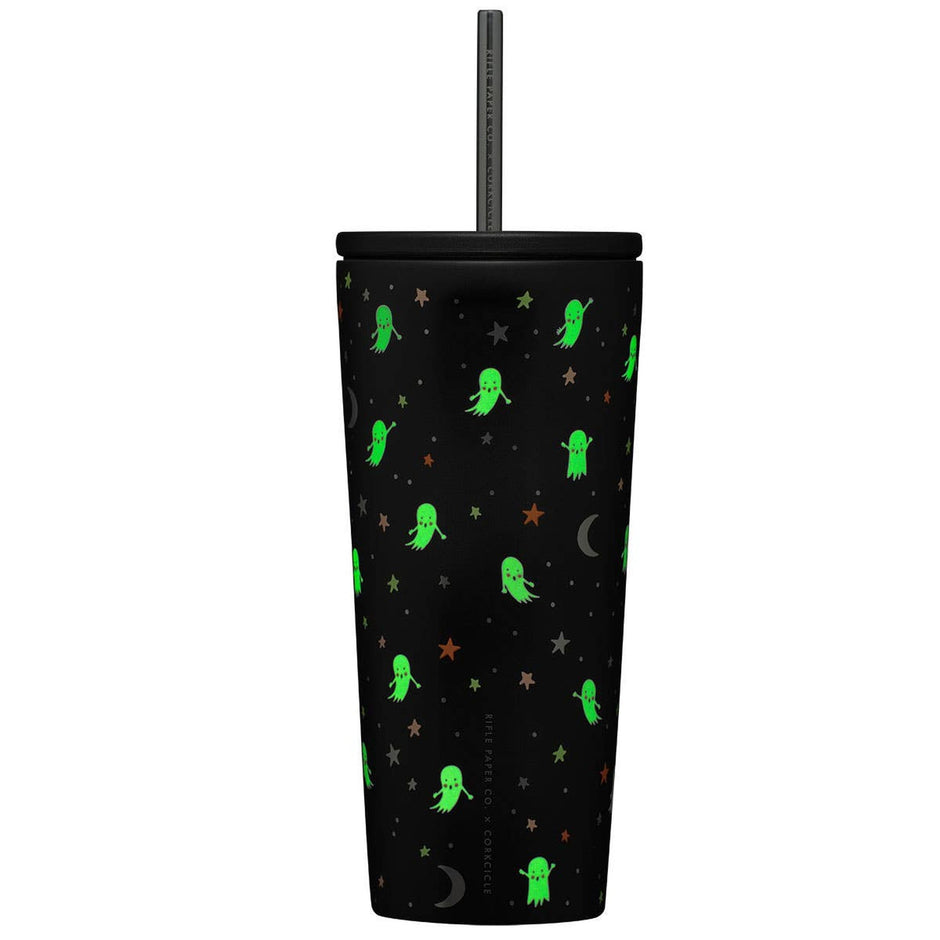 Corkcicle 24oz cold cup with black background featuring green glowing ghosts, stars, and moon pattern