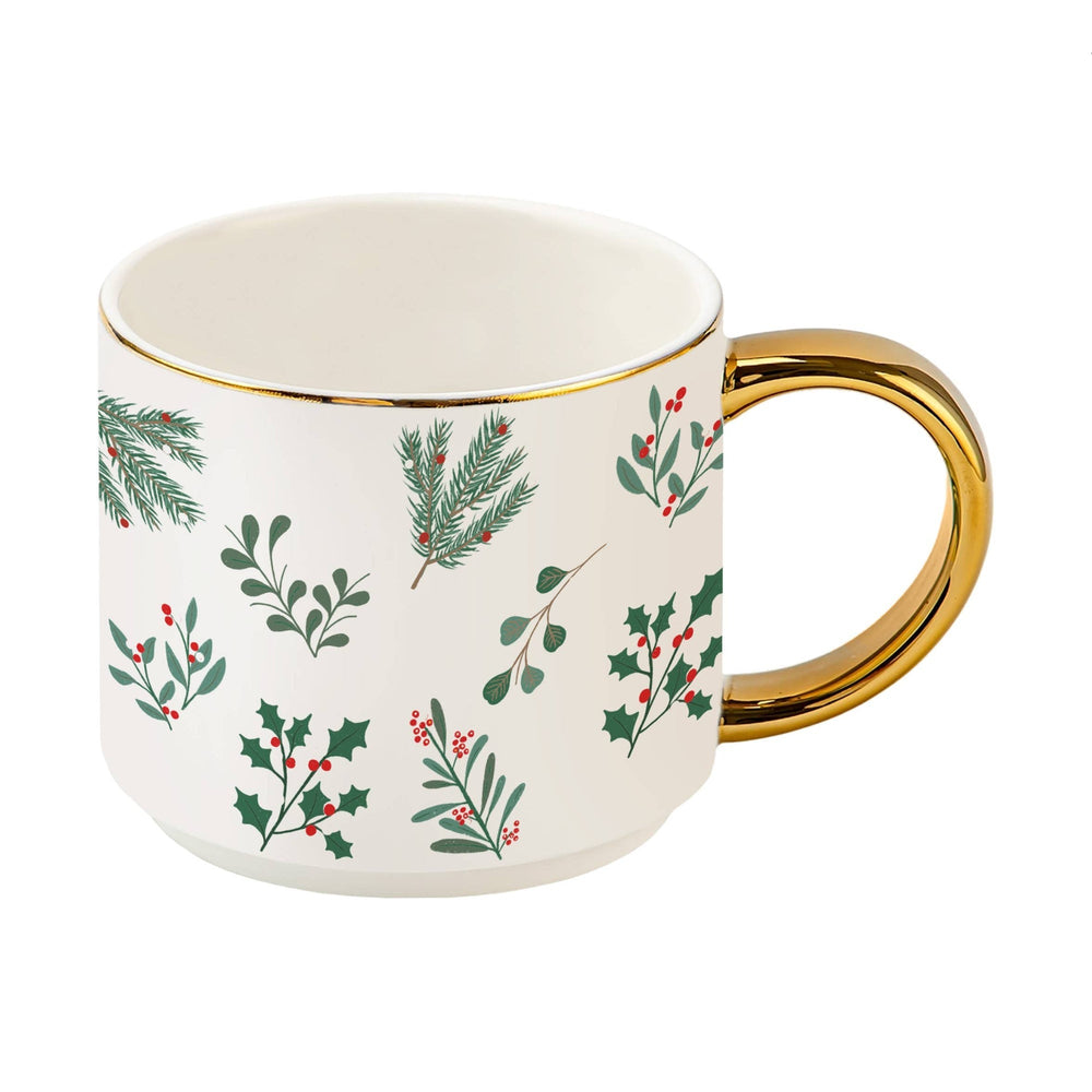 Holiday Greenery Coffee Mug with gold handle and festive holly and evergreen leaf design