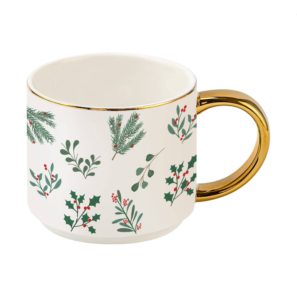 Holiday Greenery Coffee Mug with gold handle and festive holly and evergreen leaf design
