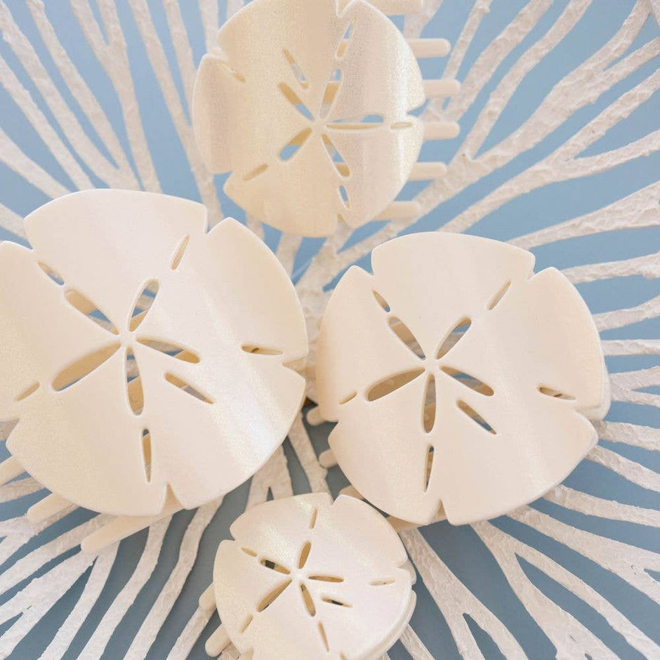 TELETIES Sand Dollar Medium Flat Shape Hair Clip in cream on blue striped background