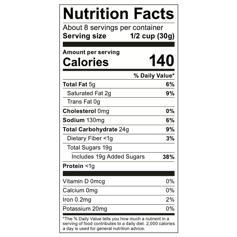 Nutrition Facts label for Poppy Hand-Crafted Funnel Cake Popcorn, 140 calories per 1/2 cup serving