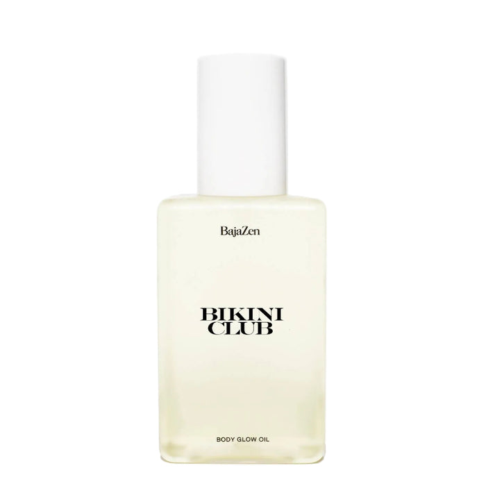 Bottle of Baja Zen Bikini Club body glow oil on a white background