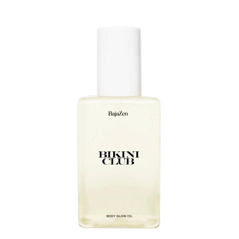 Bottle of Baja Zen Bikini Club body glow oil on a white background