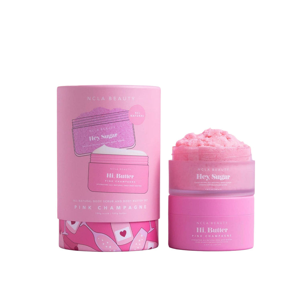 NCLA Beauty Pink Champagne Body Scrub and Body Butter Set with packaging